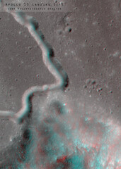 3D anaglyph image of the lunar surface made by the Lunar Reconnaissance Orbiter. Use red-cyan glasses. The exact region is given at the edge of the image. Elements of this image furnished by NASA.