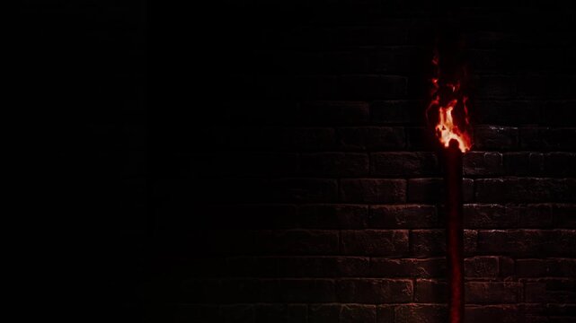 Black Brick Wall Flaming Torch 4K Loop features a dark brick wall with a flaming torch attached to the wall in a loop.