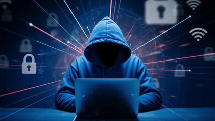 Anonymous hacker coding malware with laptop in dark room, protecting data from cyber attack, digital security threat background in motion - Powered by Adobe