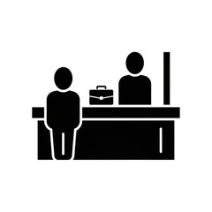Two people at a reception desk with a briefcase silhouette isolated on white background