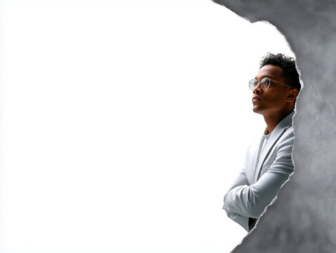 Creative portrait of a man looking thoughtfully through a wall - Powered by Adobe