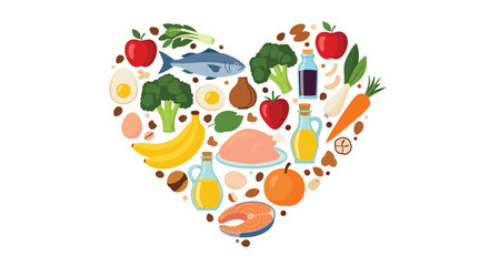 A visually appealing collection of healthy food items arranged in a heart shape. The image showcases a variety of nutritious ingredients that contribute to a balanced diet.