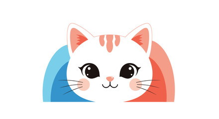 Cute playful white cat with pink stripes peeking over a colorful rainbow background.