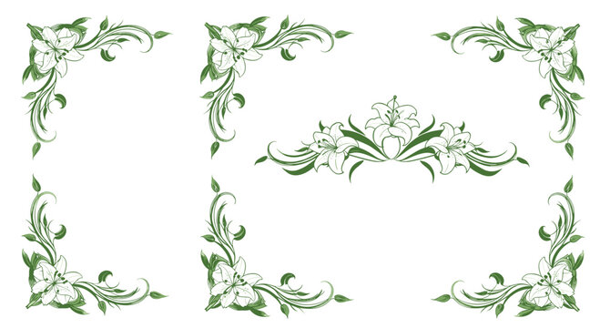 Elegant green botanical floral corner accents and decorative dividers for graphic design projects
