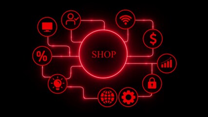 Online shopping concept with glowing red neon icons representing ecommerce, digital marketing, and online business strategies for a modern and Tec savvy audience - Powered by Adobe