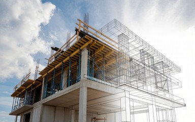 This image displays a concrete building under construction, with a transparent wireframe blueprint overlay revealing the intended structure.