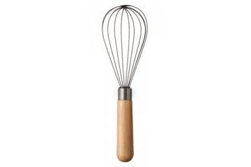 Wire whisk kitchen utensil, cooking and baking equipment, food preparation and mixing tool with wooden handle on transparent background
