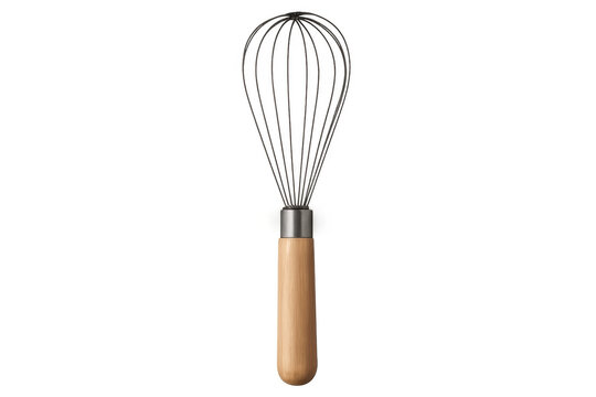 Wire whisk kitchen utensil, cooking and baking equipment, food preparation and mixing tool with wooden handle on transparent background