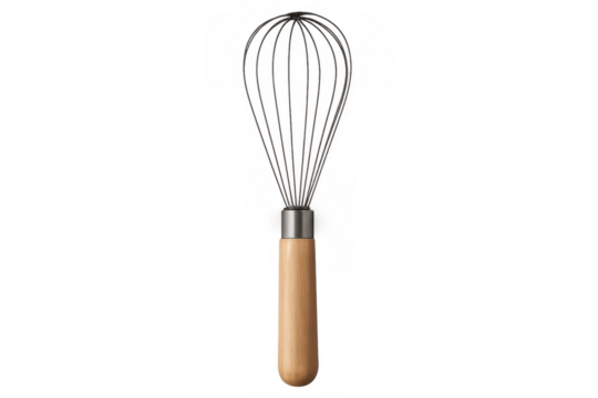 Wire whisk kitchen utensil, cooking and baking equipment, food preparation and mixing tool with wooden handle on transparent background