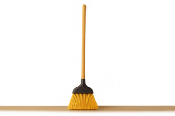 Broom with yellow bristles and a long wooden handle, standing upright for sweeping and cleaning. Transparent background