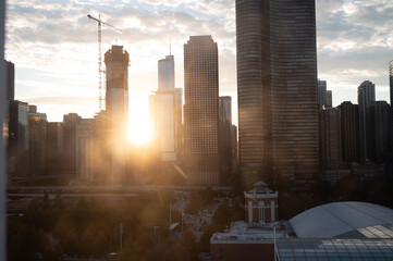 sunset in downtown chicago