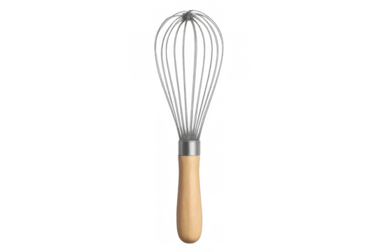 Wire whisk featuring a wooden handle, an isolated kitchen tool for whipping and blending ingredients, on a transparent background