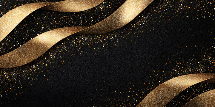 A luxurious abstract background with a black gradient and golden curved lines and waves. Shiny elements. An elegant festive composition for a New Year's banner. Minimalistic design.