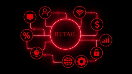 Retail network concept with glowing red icons representing various aspects of the retail industry, such as sales, marketing, and customer service, on black background - Powered by Adobe