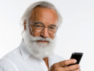 Elderly man using smartphone with a thoughtful expression indoors
