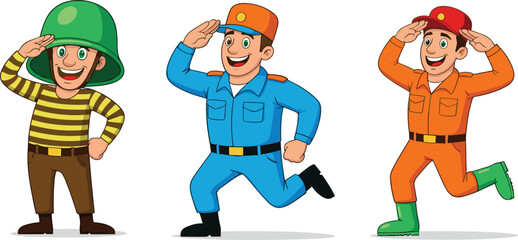 Cartoon soldiers and military characters saluting in colorful uniforms, smiling vector illustration for defense, training, teamwork, discipline, security, and protection.