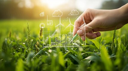 Hand interacting with holographic renewable energy dashboard over lush green field with wind turbines - Powered by Adobe