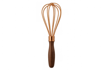 Kitchen whisk with metallic copper loops and a dark brown wooden handle on transparent background