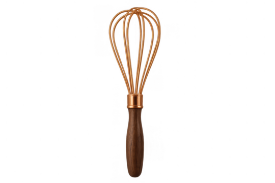Kitchen whisk with metallic copper loops and a dark brown wooden handle on transparent background