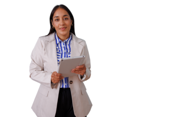 Confident businesswoman holding tablet, presenting digital content, transparent background for easy integration