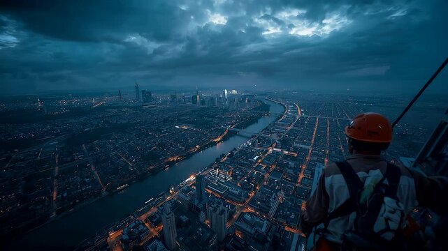 Construction Worker in Orange Helmet Overlooking Vast Cityscape with River at Twilight from High Vantage