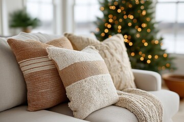 Cozy Christmas living room neutral sofa pillows twinkling tree bokeh


