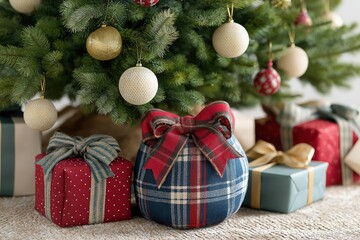 Wrapped presents tartan plaid bows beneath Christmas tree holiday gifts

