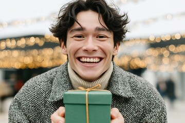 Happy young man holding green gift box smiling bokeh holiday light

