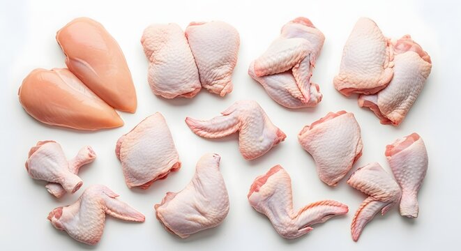 Assortment of raw chicken pieces isolated on white background