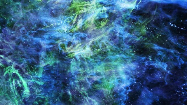 Space Clouds Floating Blue to Green 4K Loop features layers of stringy space clouds in greens, purples, and blues, moving with particles in a loop. 
