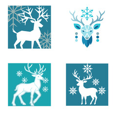 Four stylized winter scenes featuring white deer and snowflakes on blue backgrounds