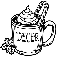 Hand drawn illustration of a festive hot chocolate mug with whipped cream and candy cane
