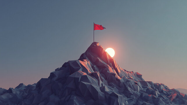 Mountain Peak with Red Flag at Sunset