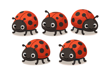 Fototapeta premium Set of cute cartoon ladybugs with happy expressions isolated on white background