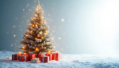 Snowy Christmas Background with Glowing Tree, Gift Boxes, Twinkling Lights, and Golden Stars — Cinematic Winter Holiday Banner