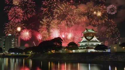 Spectacular fireworks illuminate historic castle and tranquil river reflecting the vibrant display