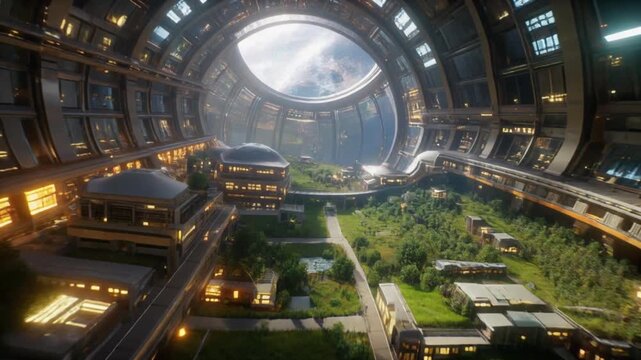 Futuristic vision of a utopian city inside a massive rotating space station with a lush park interior orbiting a planet