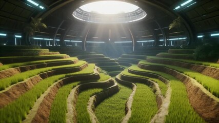 Futuristic biodome with tiered green agricultural terraces illuminated by a central skylight, showcasing sustainable indoor farming - Powered by Adobe