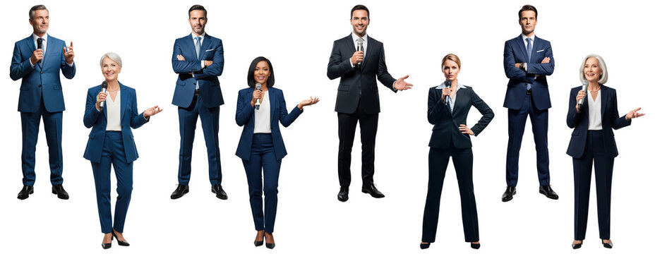 Set of diverse professional speakers and presenters with microphones