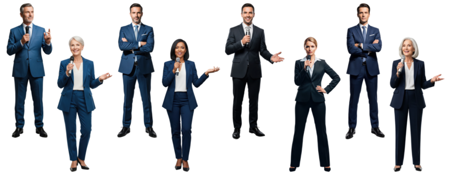 Set of diverse professional speakers and presenters with microphones