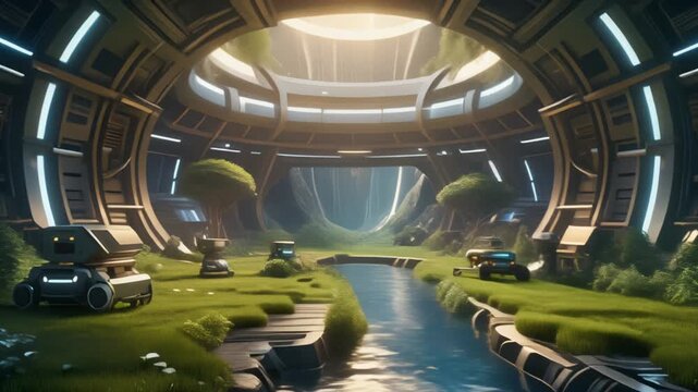 A futuristic biodome where advanced architecture and autonomous technology coexist with a serene natural landscape and river