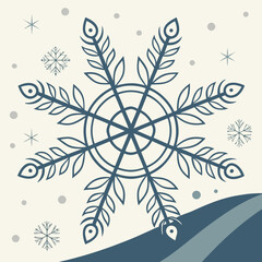 Stylized Blue Snowflake with Feather-like Branches on Cream Background winter cold