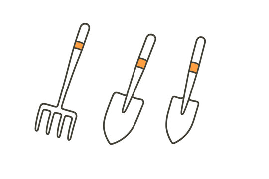 Collection of essential garden implements: rake and two hand shovels