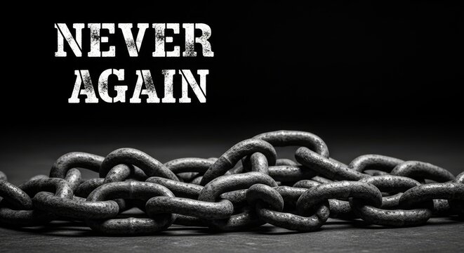 Heavy metal chain with a textured inscription never again for raising awareness about abolition of slavery, human trafficking, and modern day slavery.