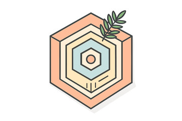 Isometric layered hexagon shape with delicate green leaf accent
