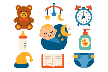 Cute icons for baby care and essential bedtime routine elements