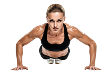 Fit woman looking at the camera while doing a push-up