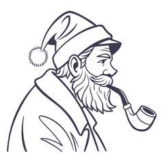 Bearded man in a Santa hat smoking a pipe outline illustration vector