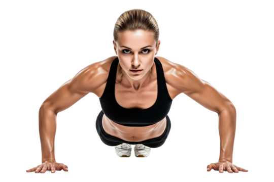 Fit woman looking at the camera while doing a push-up