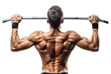 Close-up of a man's muscular back while doing a pull-up